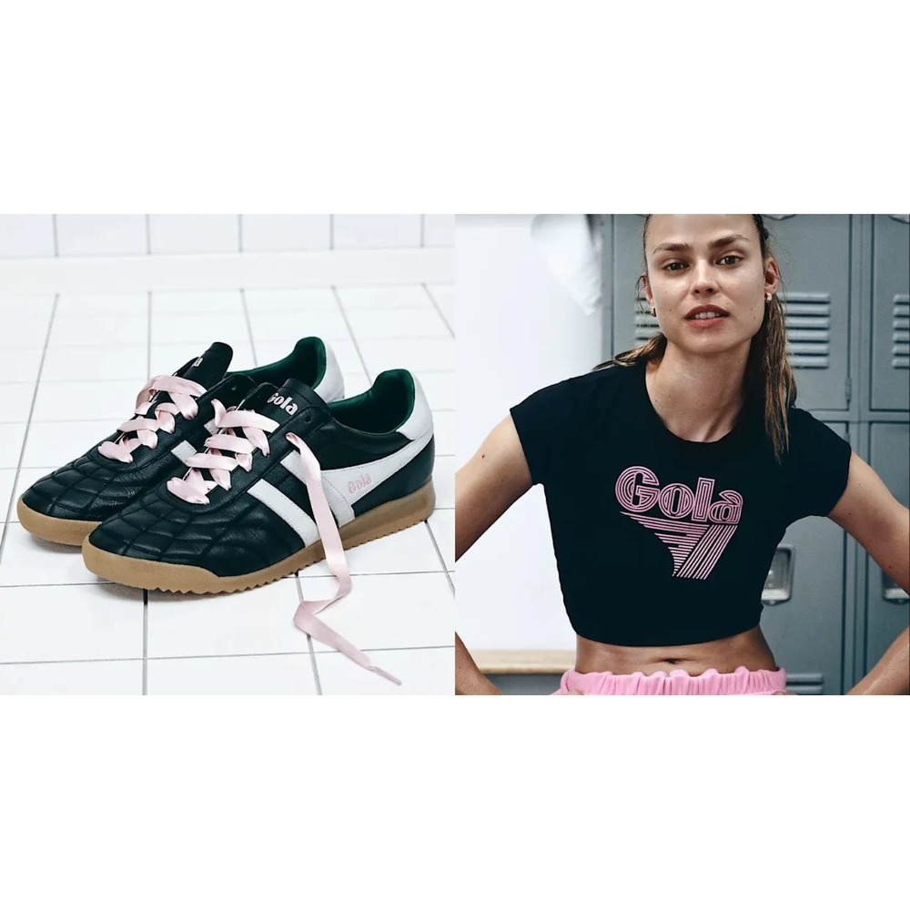 Gola x Anthropologie Stadium Sneakers Black Pink Ribbon Lace CLB410 Womens 8 NEW - Picture 2 of 8